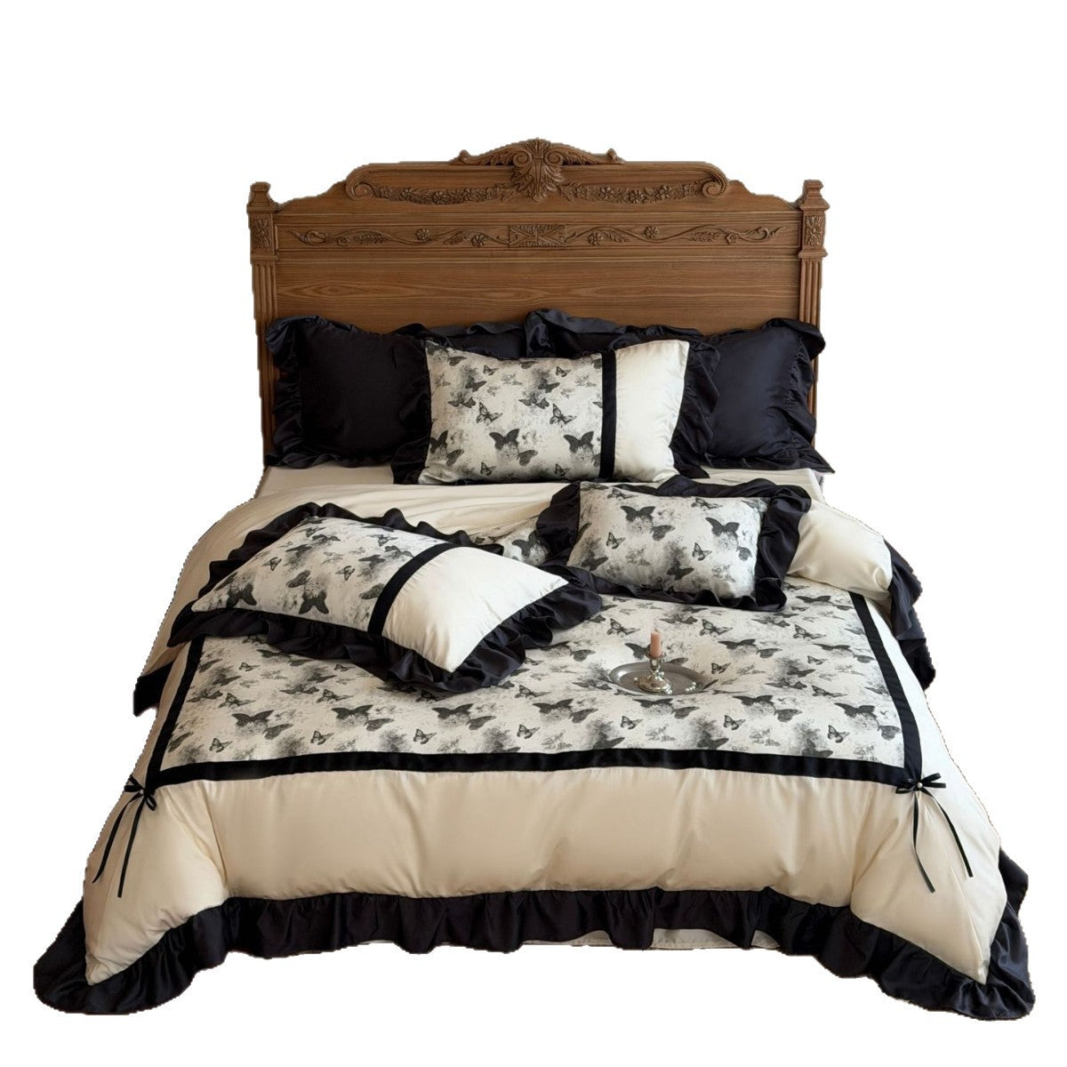 Satin-Duvet cover set with butterfly pattern, ruffle detail & decorative ribbon — product view 2