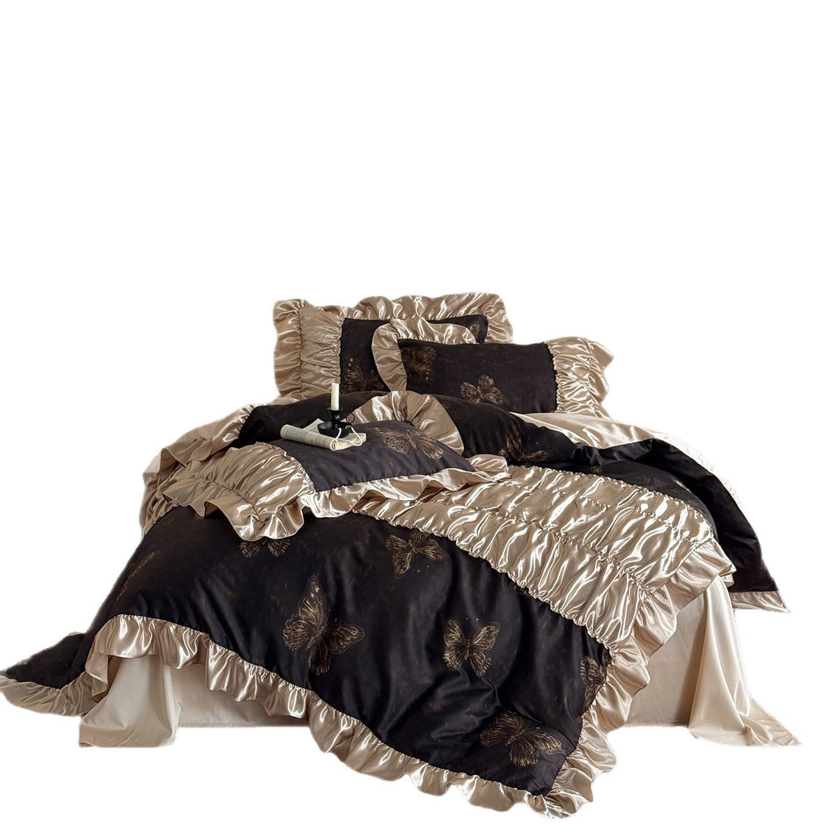 Silky shiny satin bedding set with butterfly pattern and voluminous ruffle frills LoungeYard — product view 5