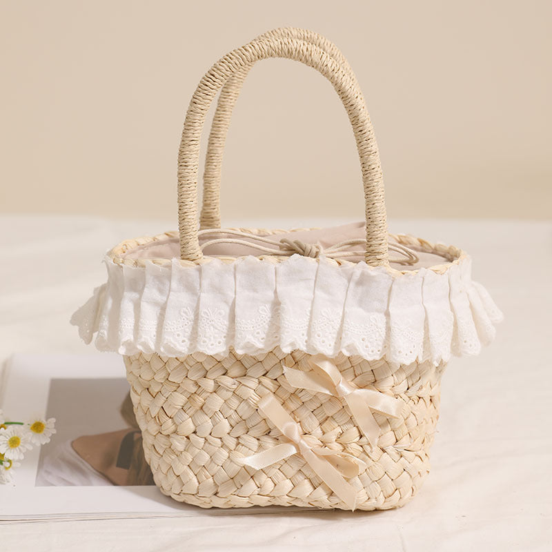Handcrafted basket bag with delicate ruffles and ribbons LoungeYard — product view 1