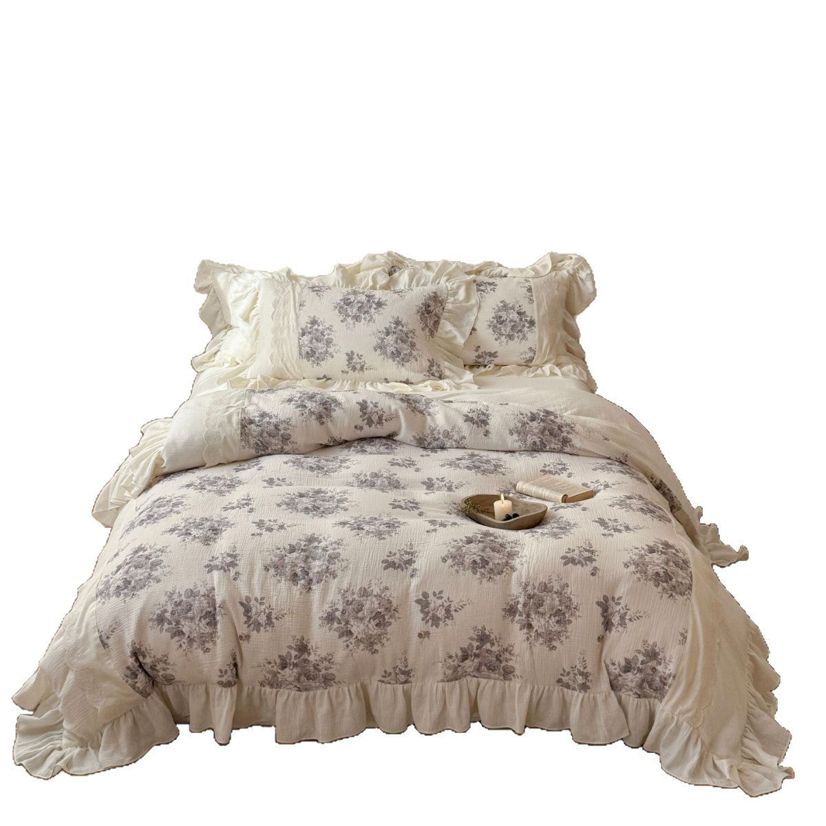 Cotton-linen bed linen set with ruffles and lace trim — product view 4