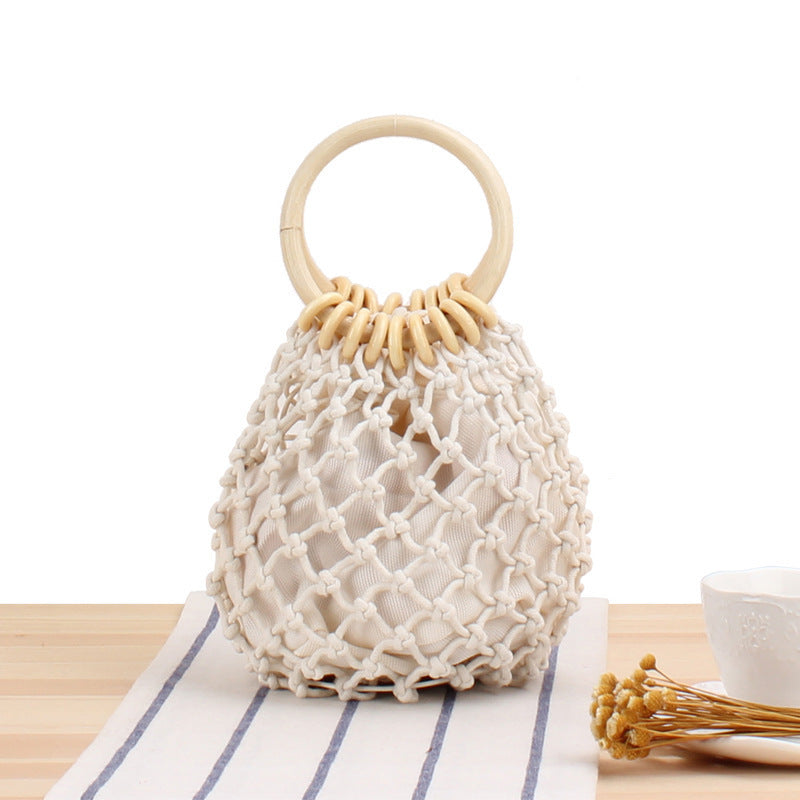 Elegant mesh handbag with wooden handles LoungeYard — product view 5