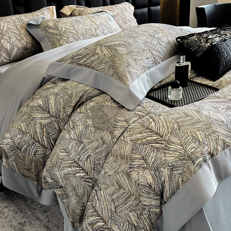 Elegant bed linen set made of cotton satin with a subtle leaf pattern and contrast piping — product view 3