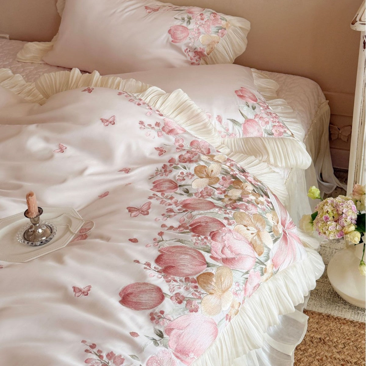 Luxurious embroidered satin bedding set with ruffles and floral details — product view 1