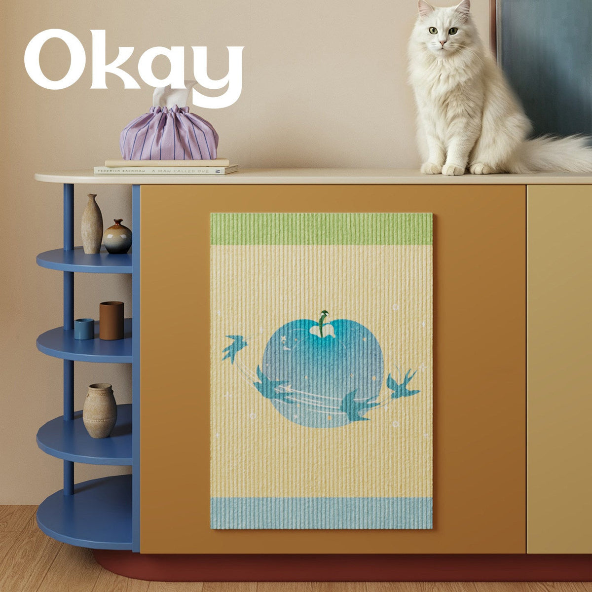 Vertical Ribbed Microfiber Cabinet Front Absorbent Mat with Apple & Swallow Illustration — product view 3