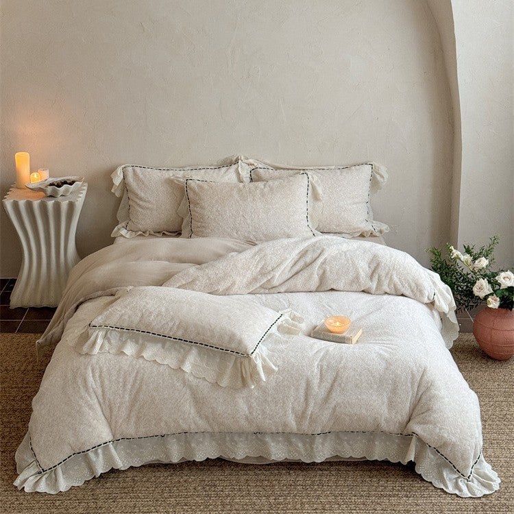 Romantic bedding set with ruffles, lace and subtle flower pattern LoungeYard — product view 5