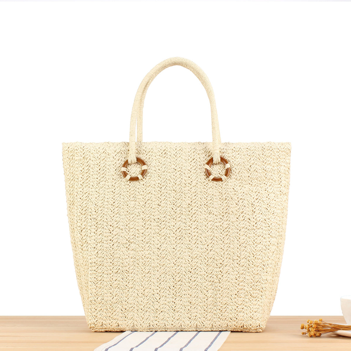 Braided beach bag with wood details LoungeYard — product view 1