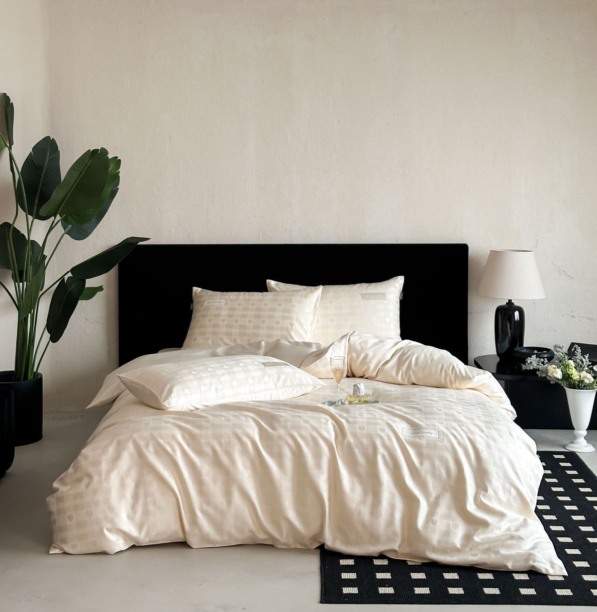 Luxurious cotton satin bed linen set with subtle check pattern and silk matte finish LoungeYard — product view 6