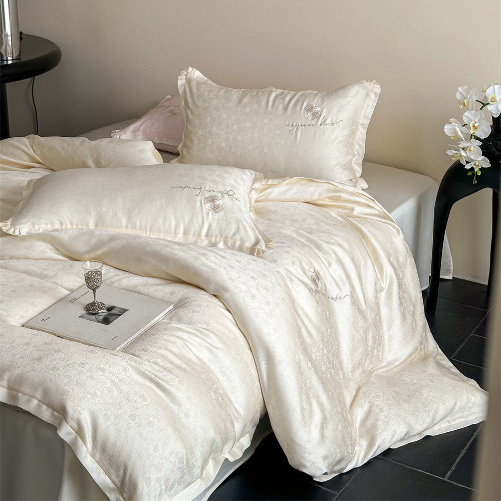 Luxurious cotton satin bedding set with jacquard relief and embroidered rose motif — product view 3