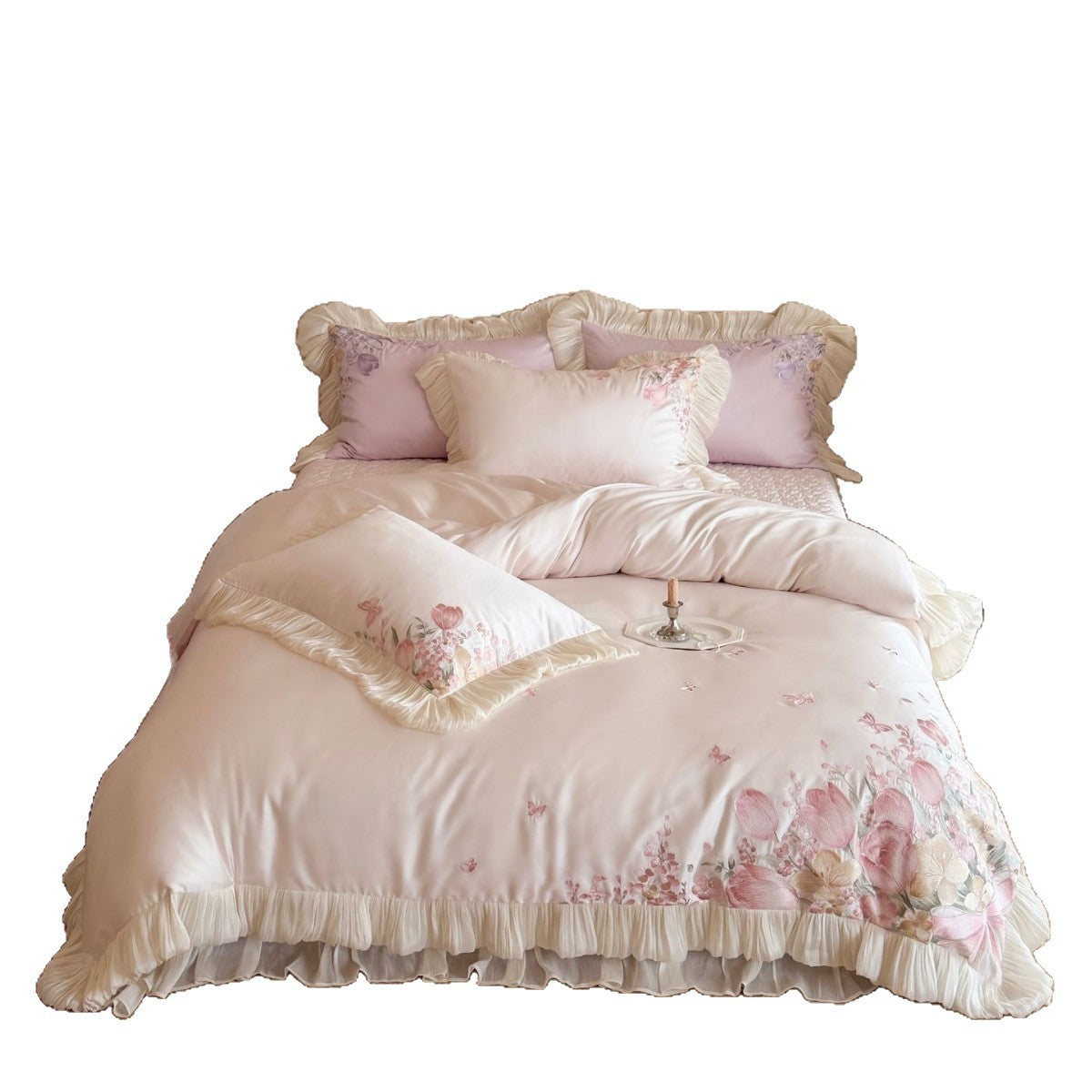 Luxurious embroidered satin bedding set with ruffles and floral details — product view 4