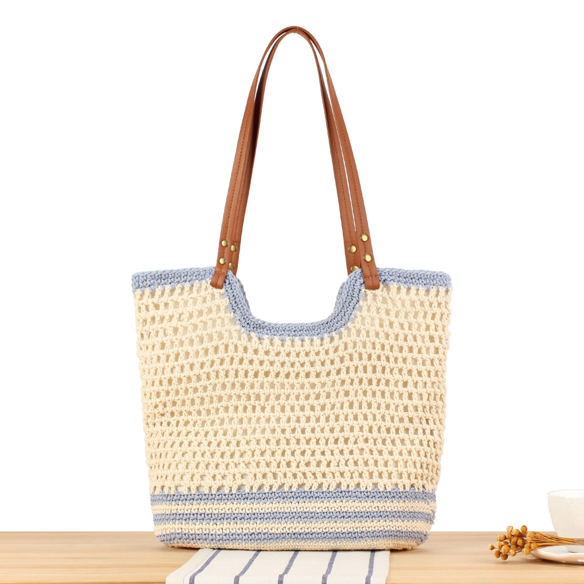 Stylish Macrame Tote Bag with Sturdy Leather Handles LoungeYard — product view 5