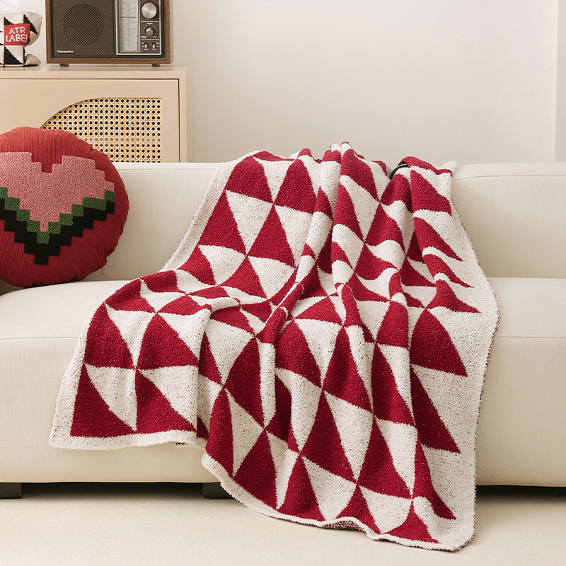 Large patterned bouclé throw blanket with geometric block pattern — product view 1