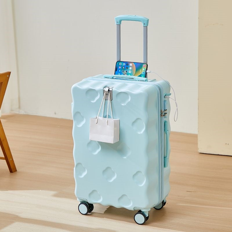 hard-shell carry-on suitcase with integrated foldable cup holder phone cradle USB charging port and external bag hooks LoungeYard — product view 7