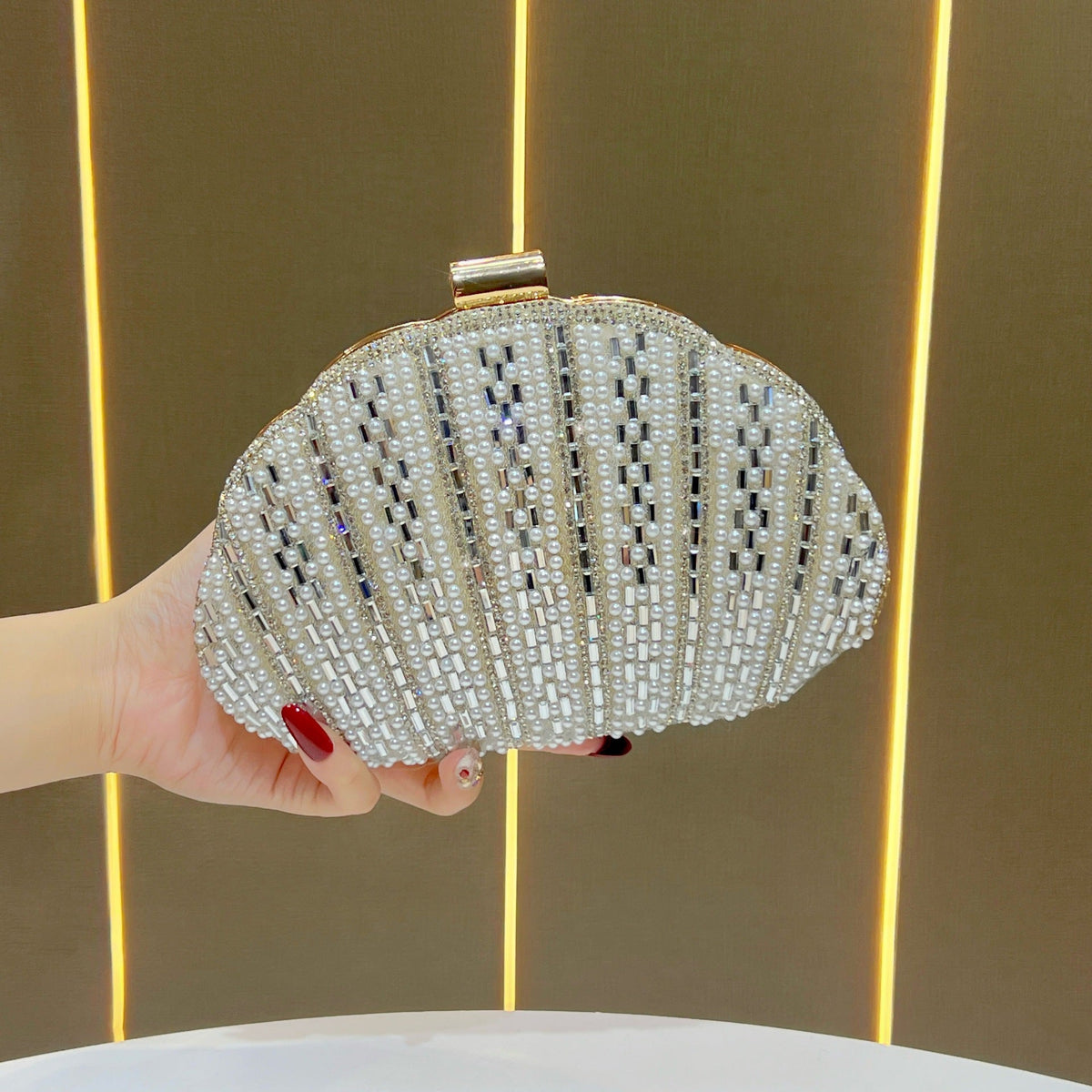 Pearl-Embellished Clamshell Evening Clutch — product view 1