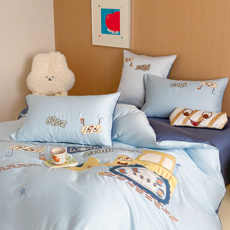 Children's bedding set with embroidered digger and construction site application made of fine cotton satin LoungeYard — product view 1