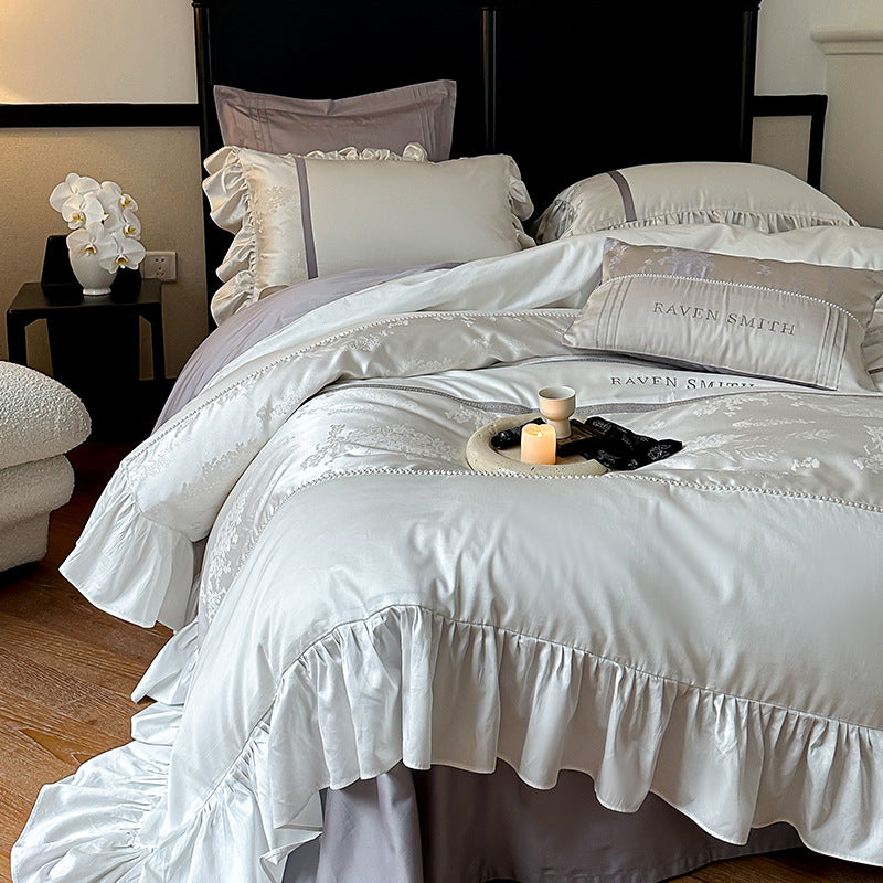 Elegant satin bed set with ruffled trim, fine jacquard and decorative pillow — product view 1