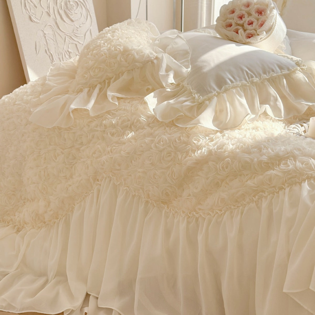 Romantic luxury bedding set with ruffles, rose appliqué, and frill — product view 1