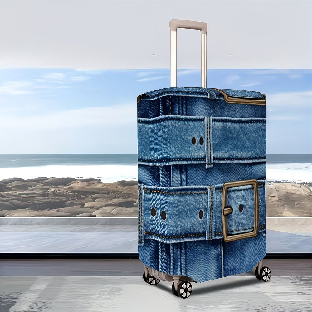 Unisex stylish suitcase cover with denim belt motif, elastic protective cover for rolling suitcase LoungeYard — product view 3