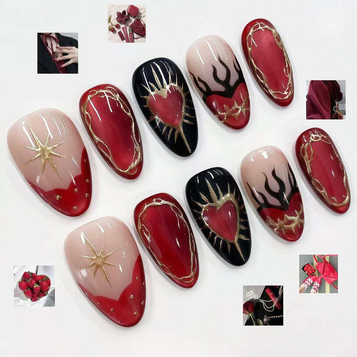 Artistic Press-On Nail Set with Heart and Flame Designs — product view 1