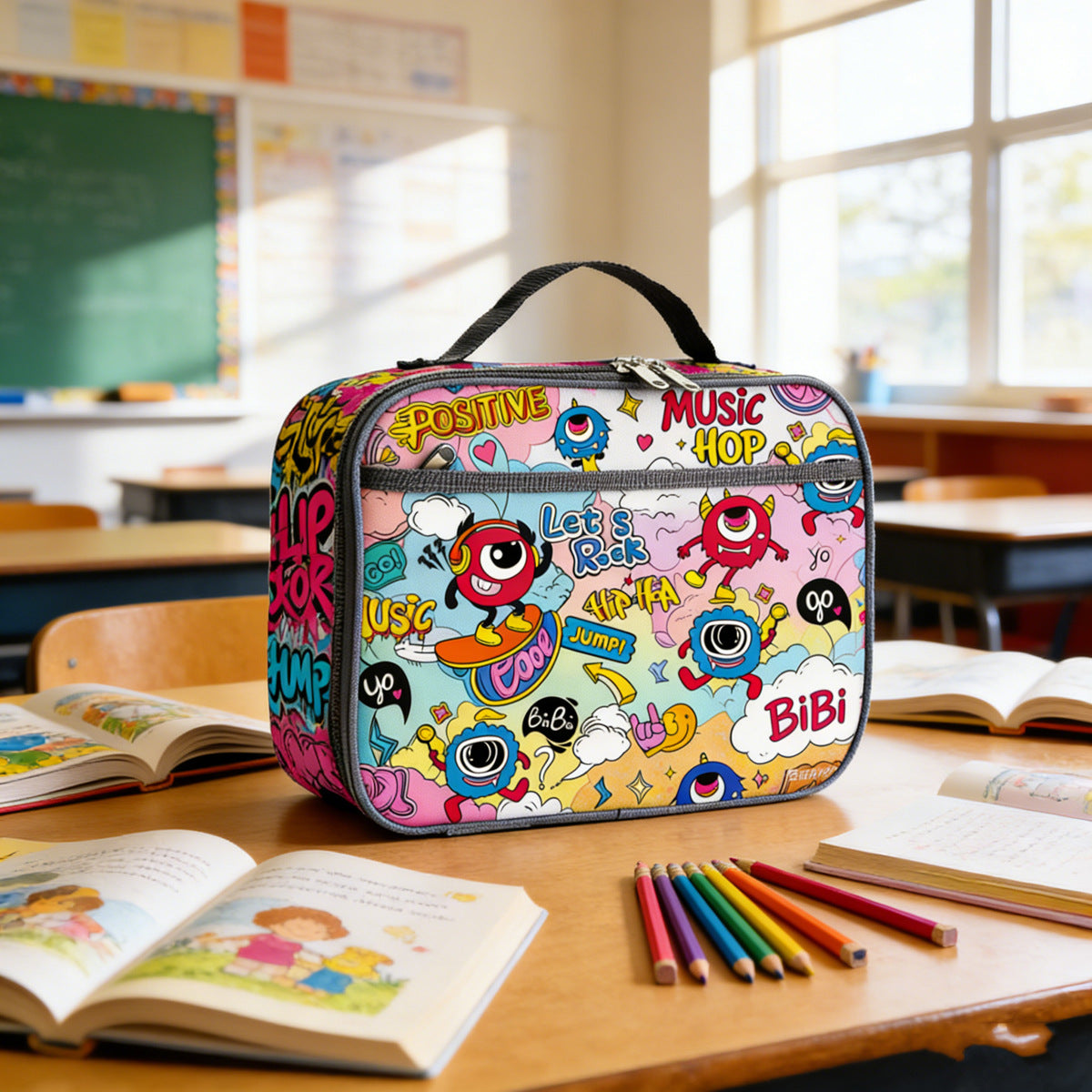 Insulated children's dinosaur lunch case with thermal lining and carry handle LoungeYard — product view 3