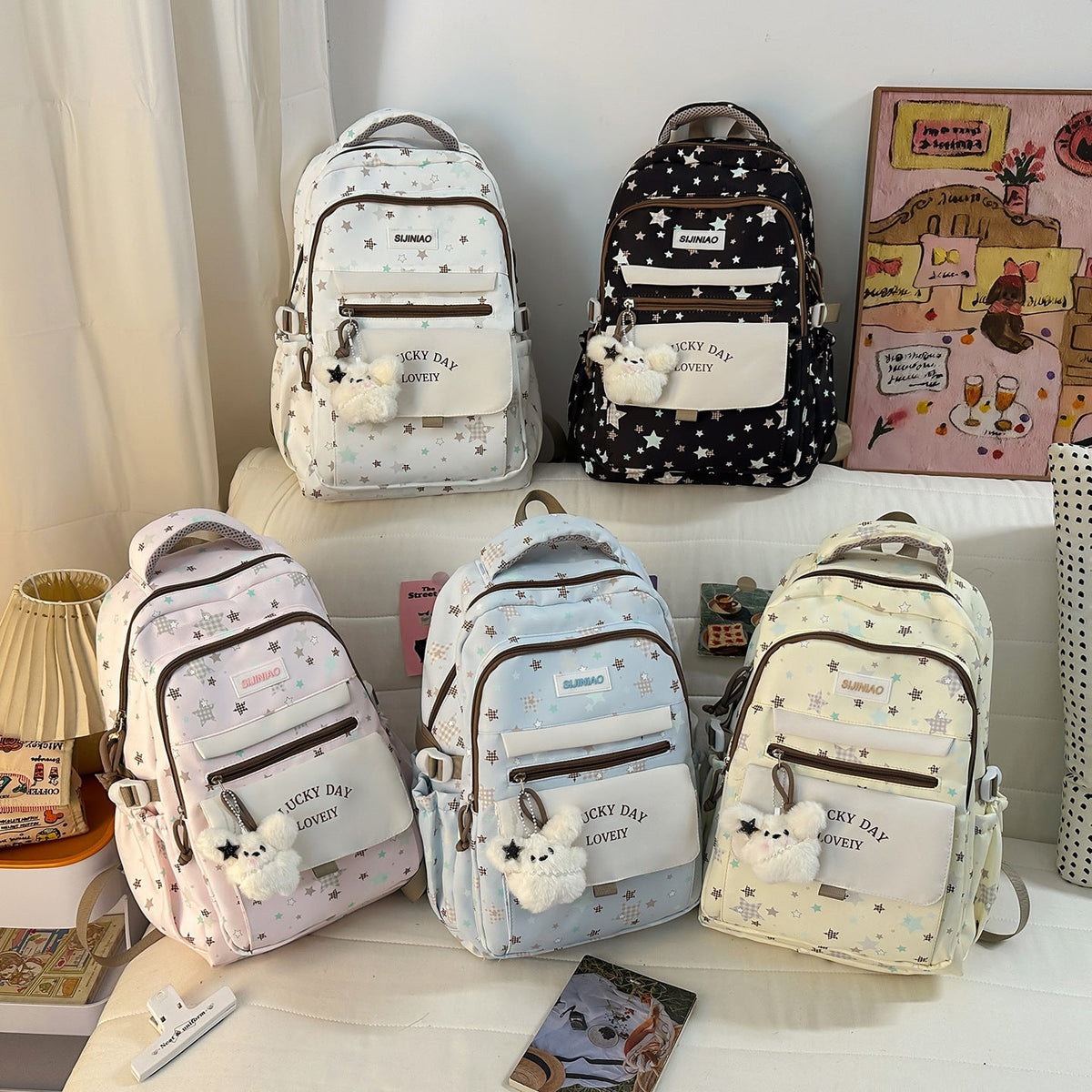 Multi-Pocket Backpack with Plush Charm LoungeYard — product view 4
