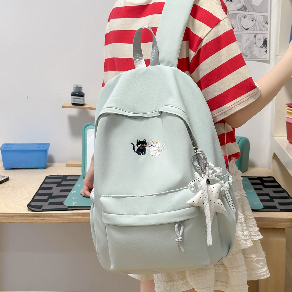 Embroidered Cat-Themed Casual Backpack LoungeYard — product view 2