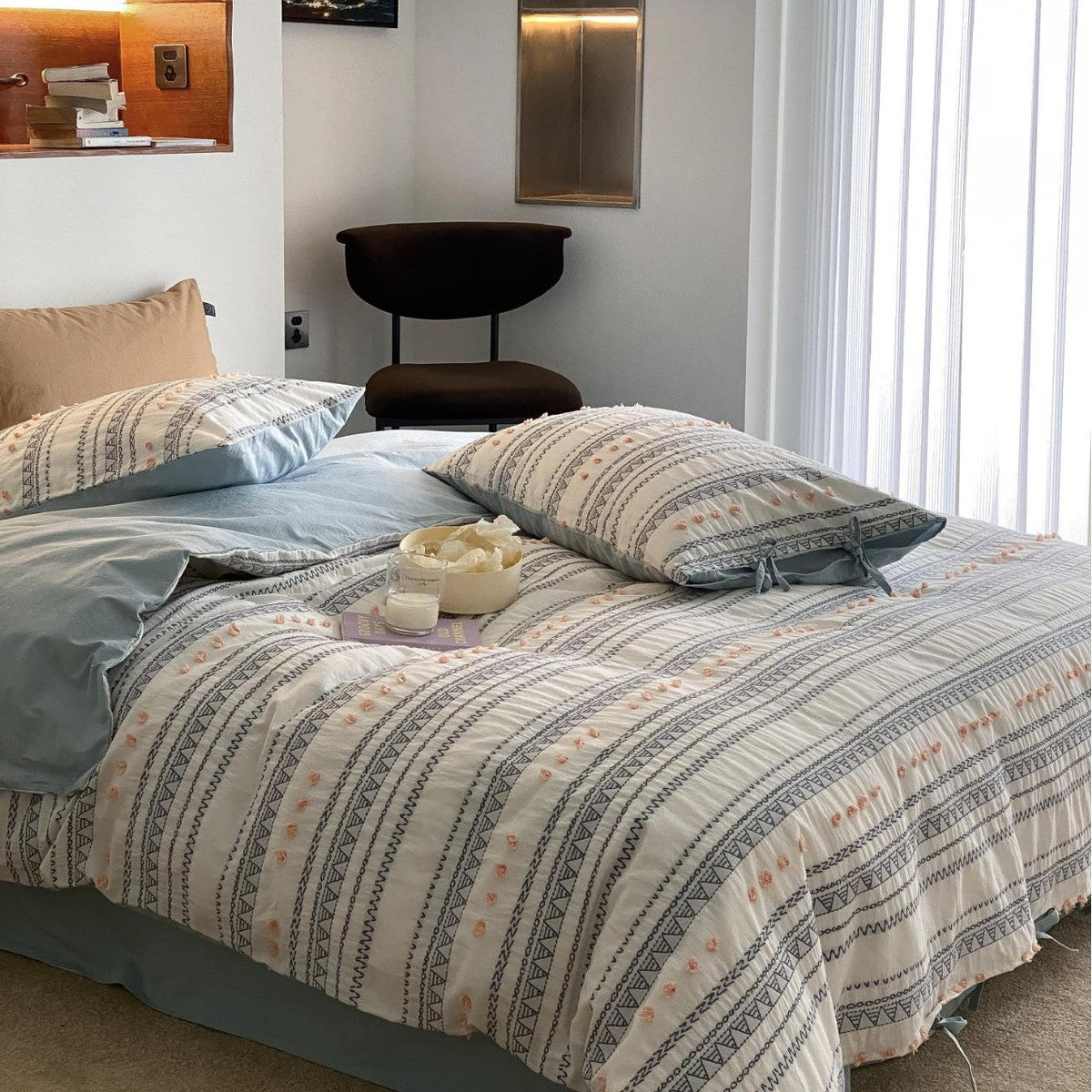 Striped bedding set made of cotton percale with embroidery dots and ties — product view 6