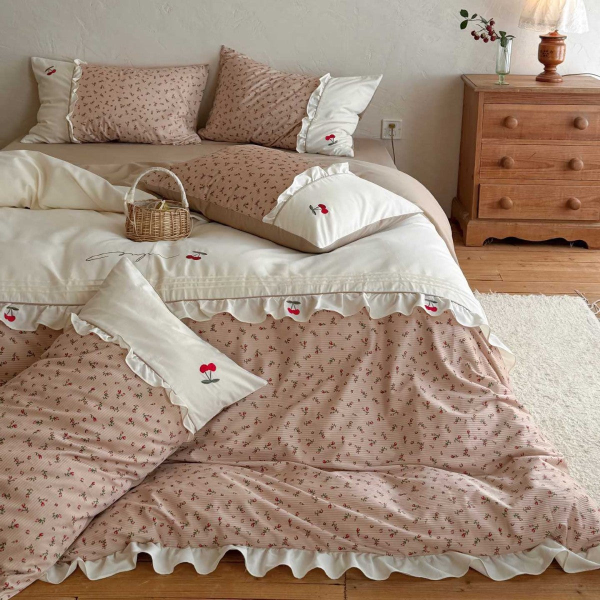 Bedding set in cottage style with cherry embroidery, ruffle and micro print — product view 3