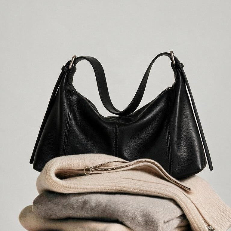 Curved-Side Pebbled Leather Slouchy Shoulder Hobo with Adjustable Buckle Straps — product view 2