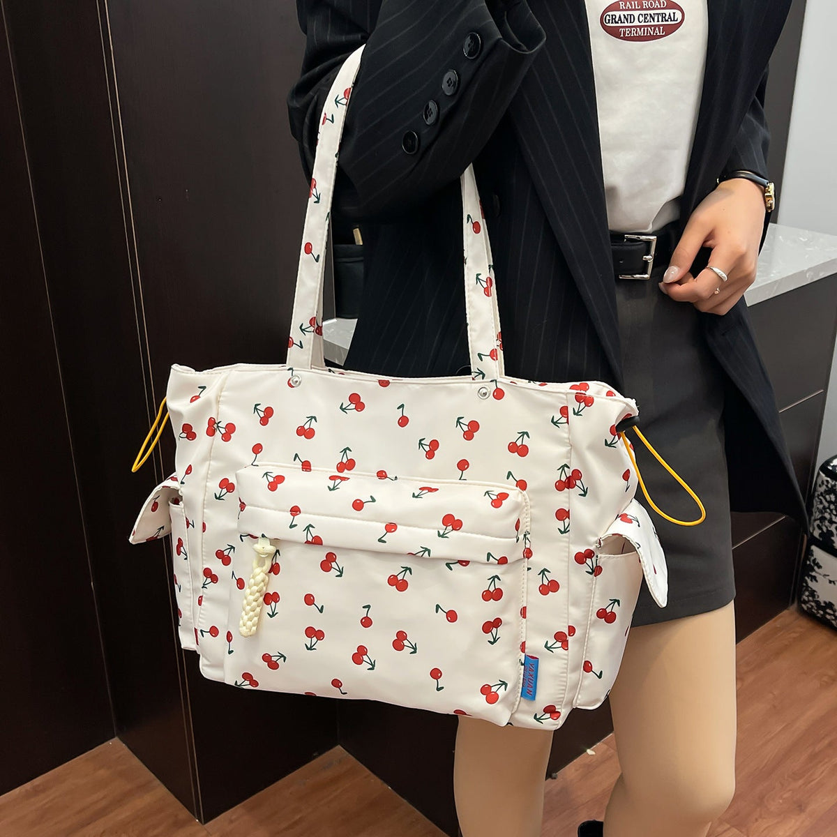 Cherry Print Multi-Pocket Tote Bag LoungeYard — product view 2