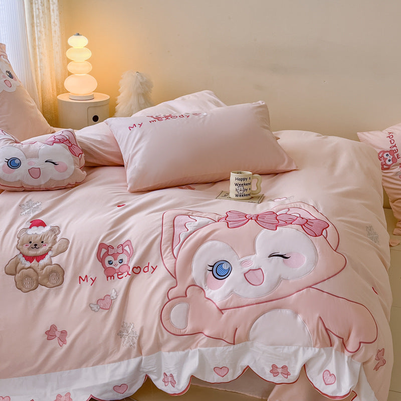 Playful children's bedding set with embroidered cat appliqué and cuddle pillow — product view 2