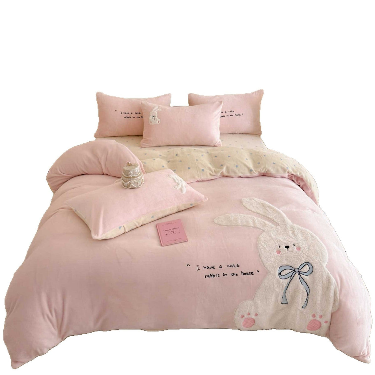Cozy bedding set with embroidered rabbit appliqué and reversible cover — product view 2