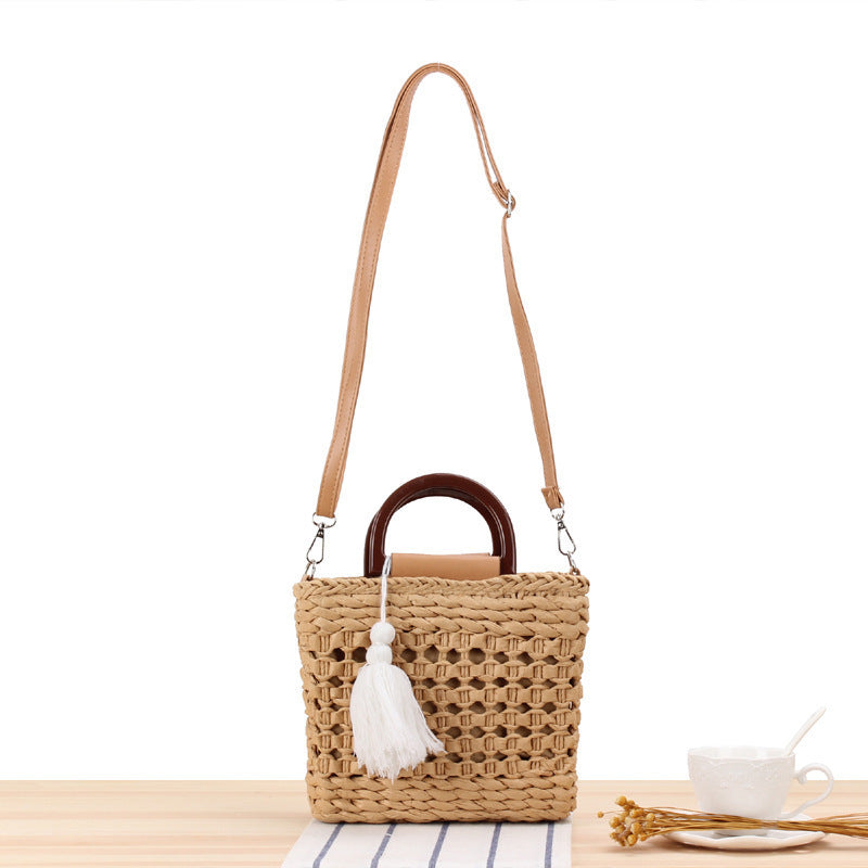 Woven tote bag with detachable faux leather strap LoungeYard — product view 6