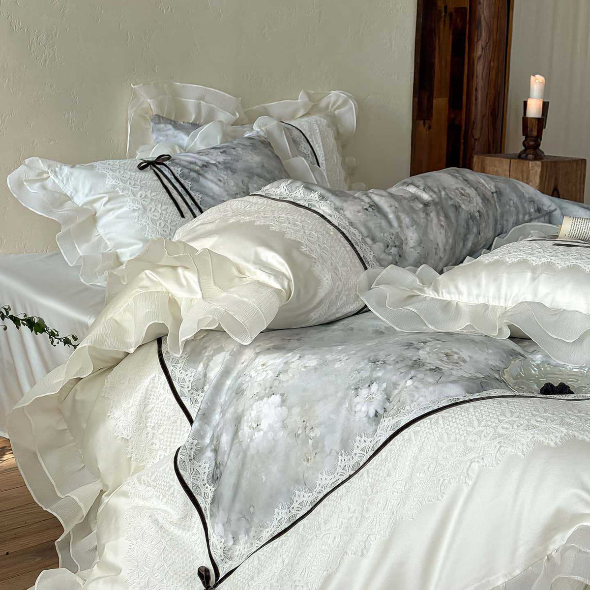luxurious romantic bedding set with lace trim and ruffles — product view 3