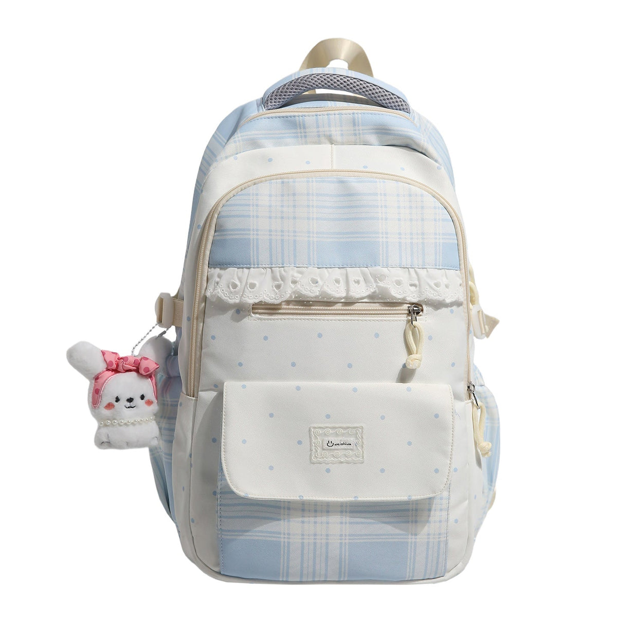 Plaid Patterned School Backpack with Cute Bunny Keychain LoungeYard — product view 5