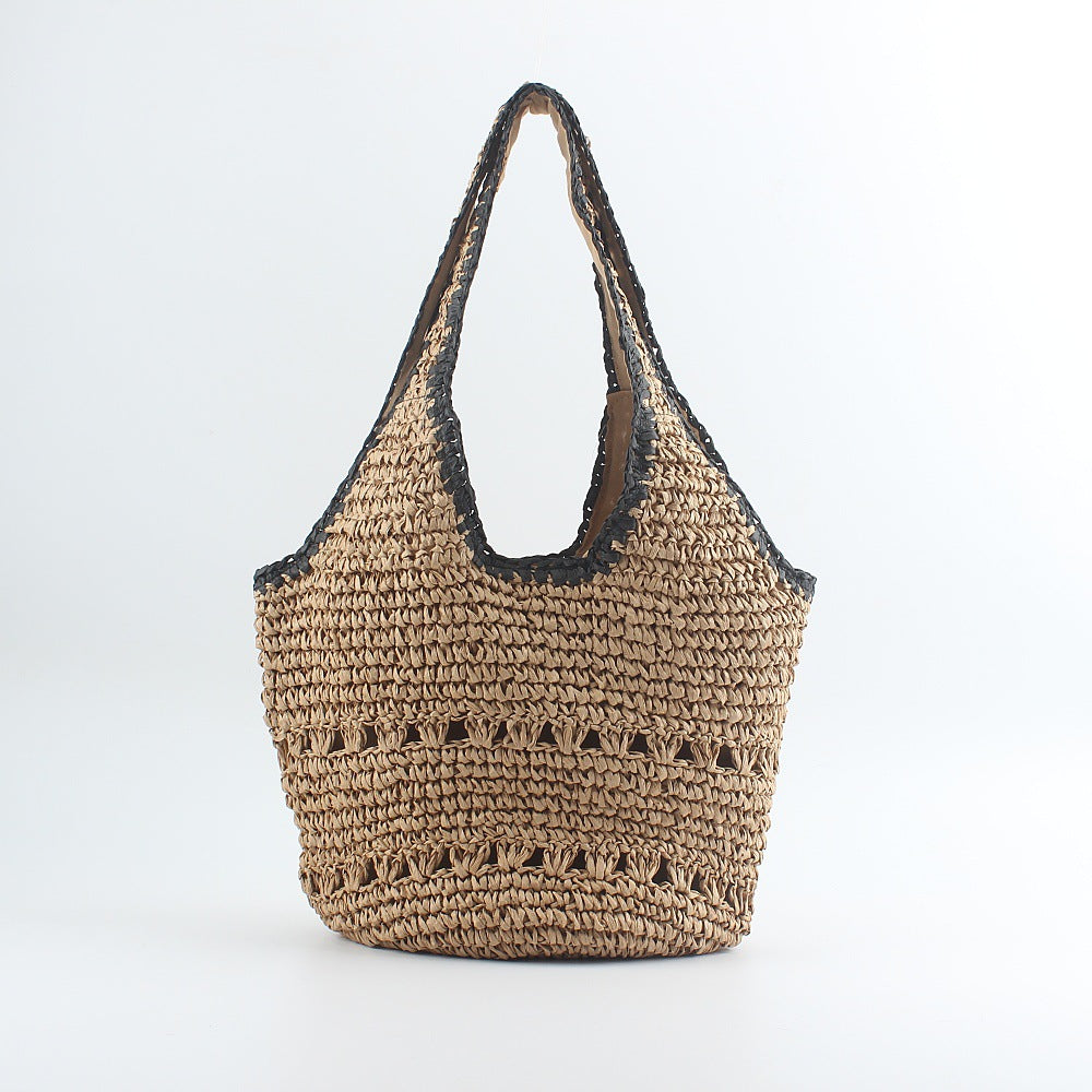 Beach shoulder bag made of hand-woven raffia with elegant lace trims LoungeYard — product view 5