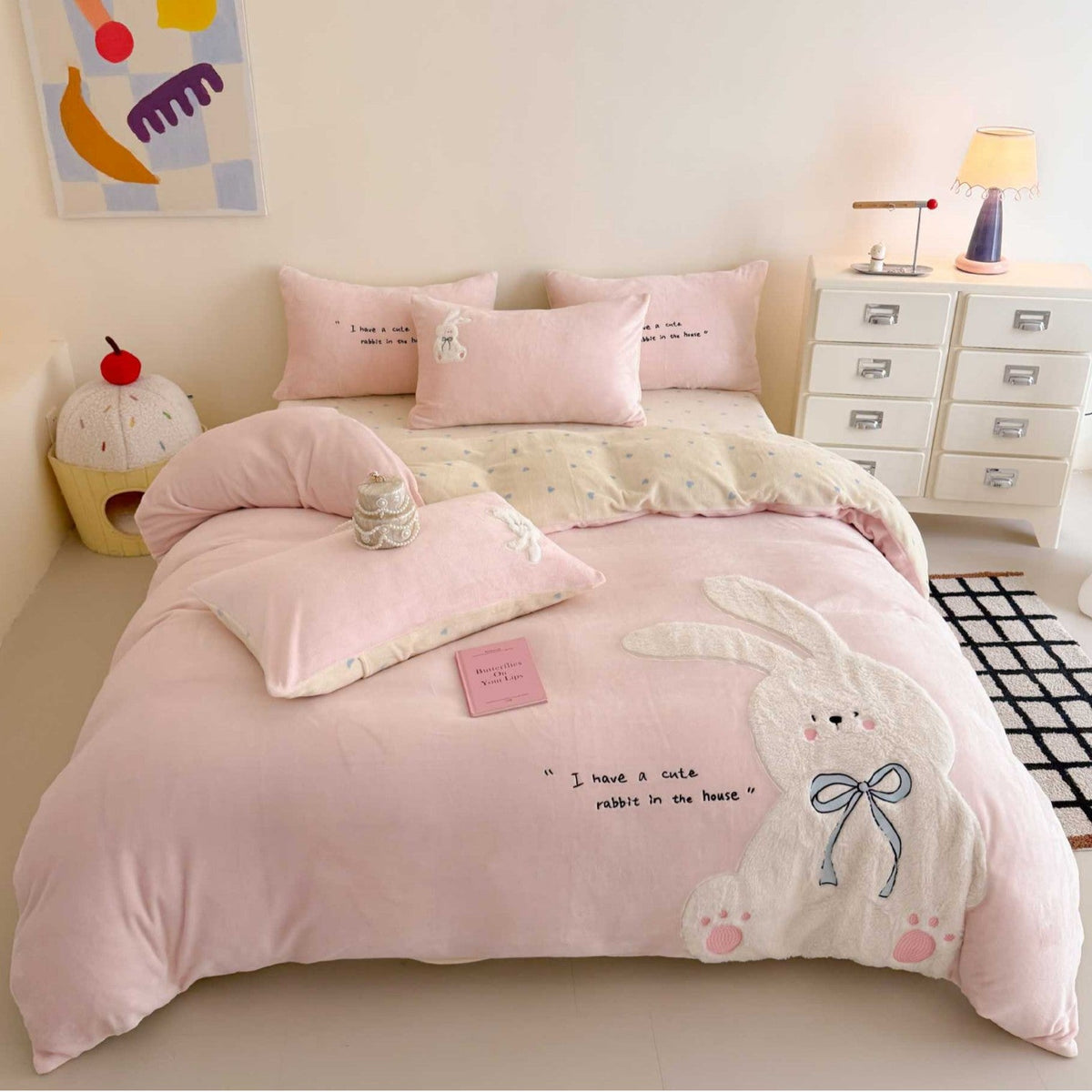 Cozy bedding set with embroidered rabbit appliqué and reversible cover — product view 3