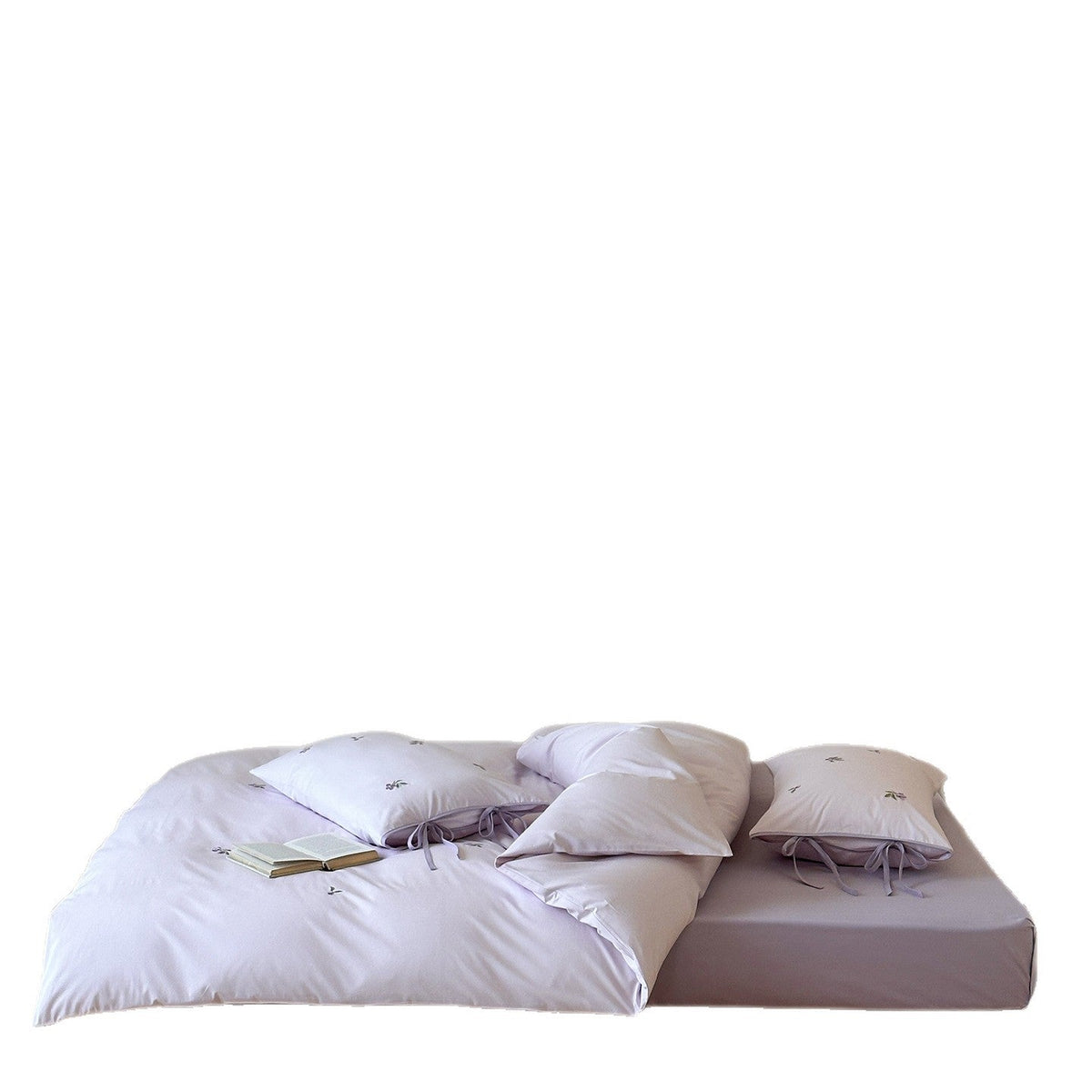 Reversible cotton bedding set with fine check pattern, cherry embroidery, and decorative tie ribbons — product view 4