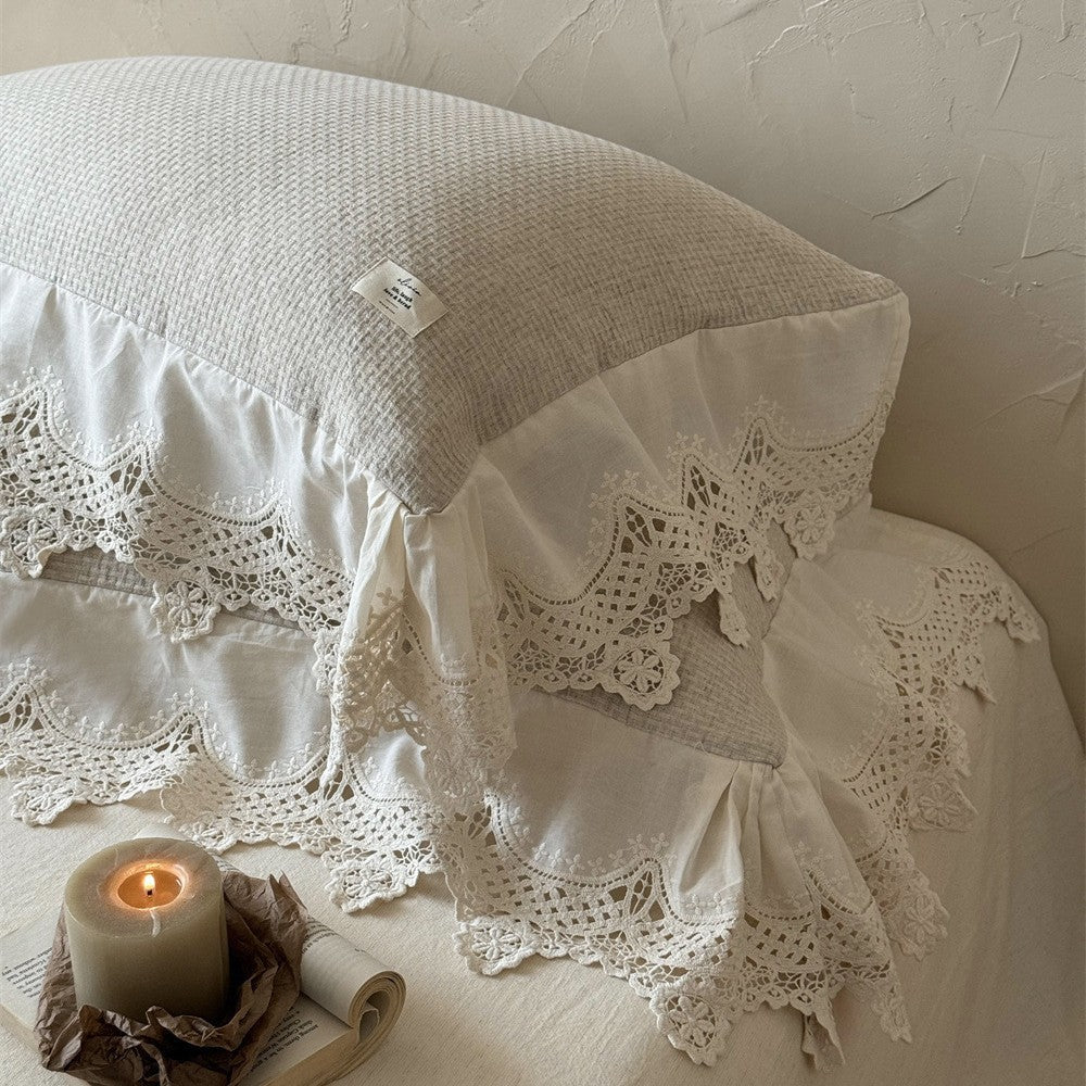 Romantic cotton-linen bedding set with crocheted lace trim and ruffle — product view 3