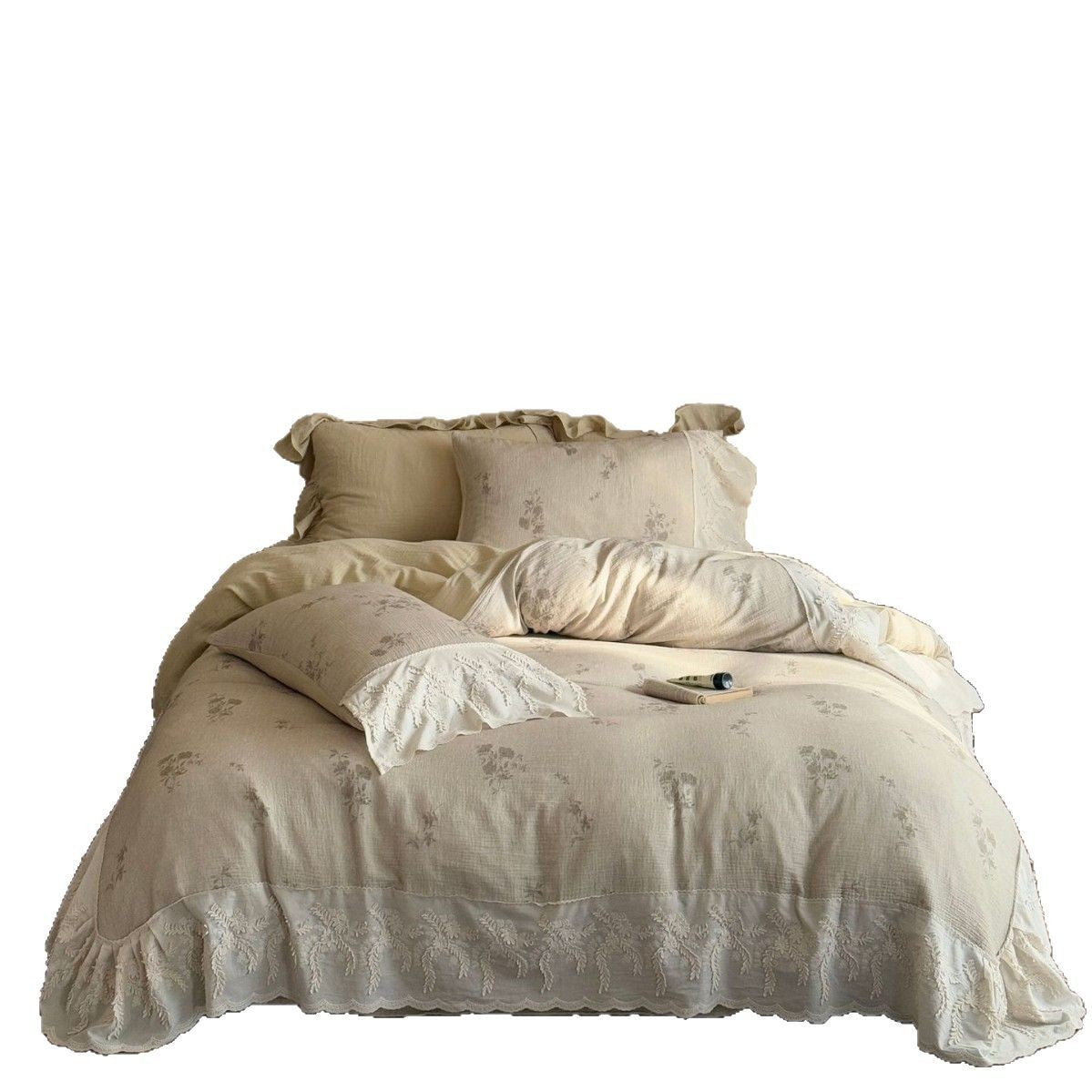 Romantic embroidered bedding set made of cotton-linen with lace frill — product view 5