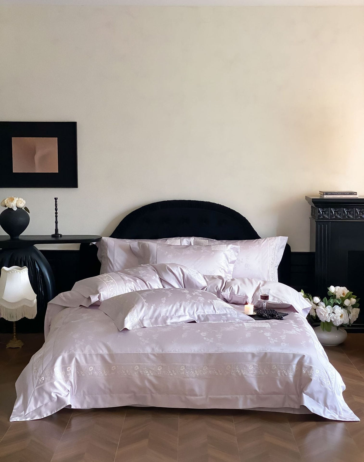 Finest satin bed linen set with delicate jacquard floral trim and pleated finish LoungeYard — product view 5