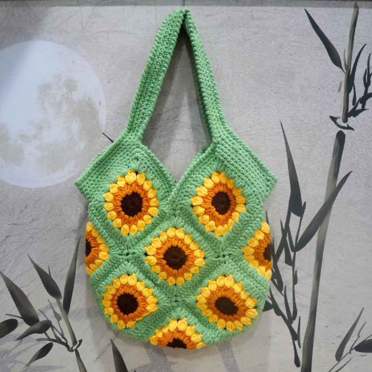 Handmade macrame bag with sunflower motif LoungeYard — product view 1