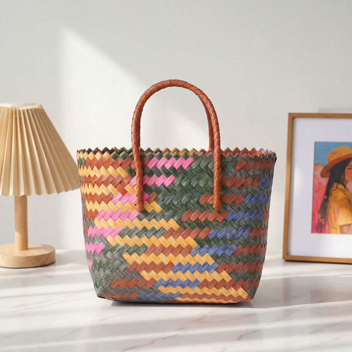 Handwoven tote bag with bamboo handles LoungeYard — product view 2