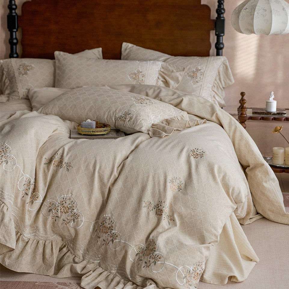 Romantic cotton bedding set with diamond jacquard, embroidered border, and gathered ruffle — product view 3