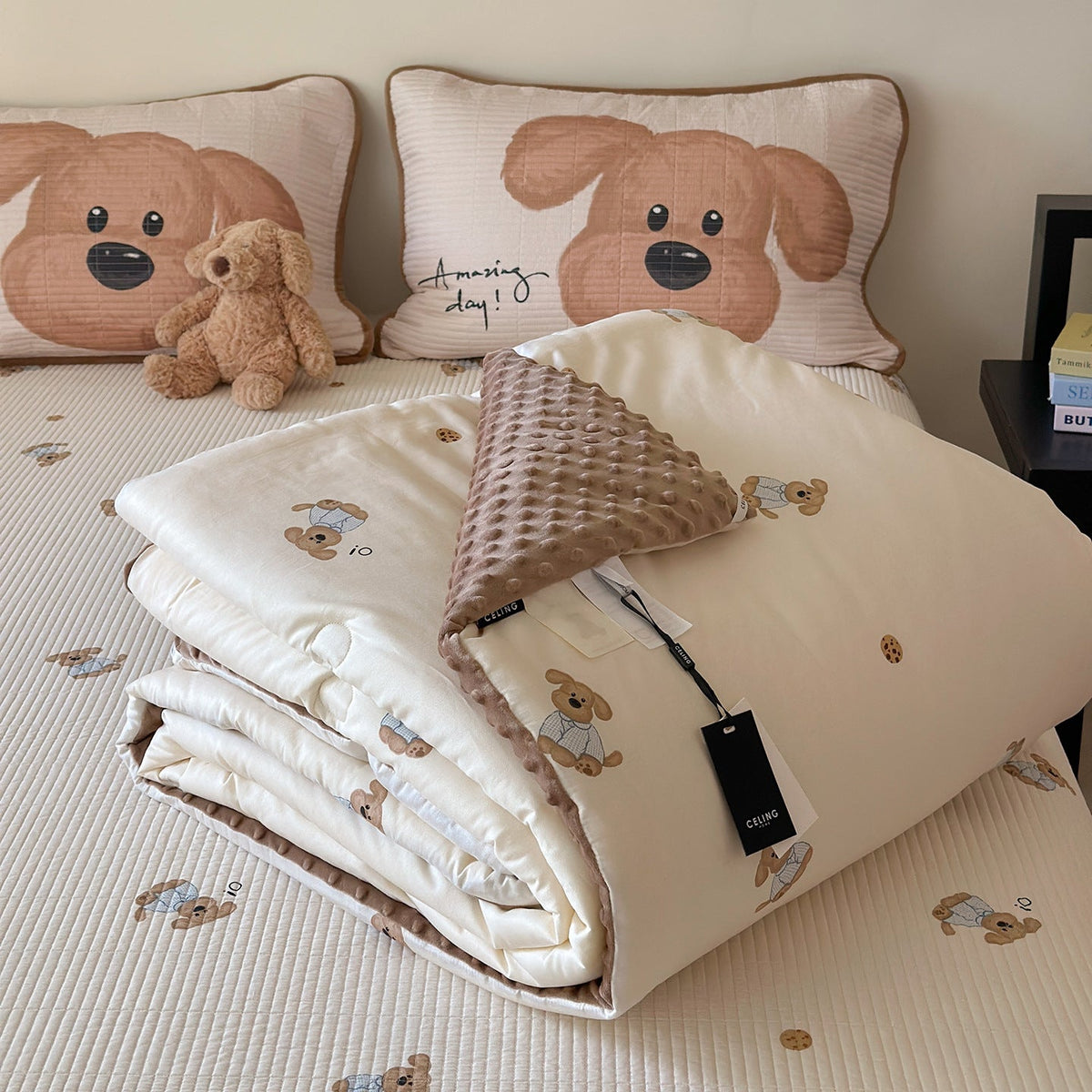 Children's bed set with quilted pillow set, mattress pad, and minky cuddle blanket — product view 3