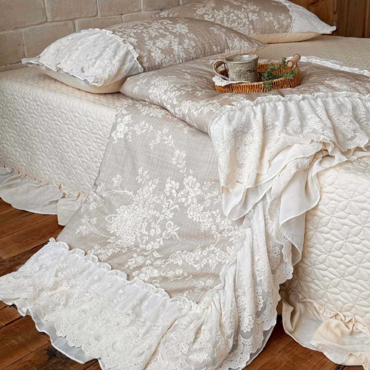 Padded bedspread set with multilayer lace trim and floral woven texture — product view 6