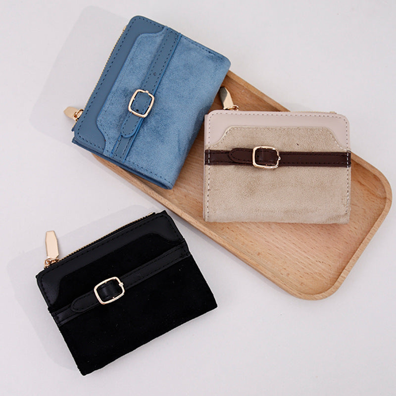 Compact Suede-Effect Bifold Wallet with Decorative Buckle and Zip Coin Pocket LoungeYard — product view 3