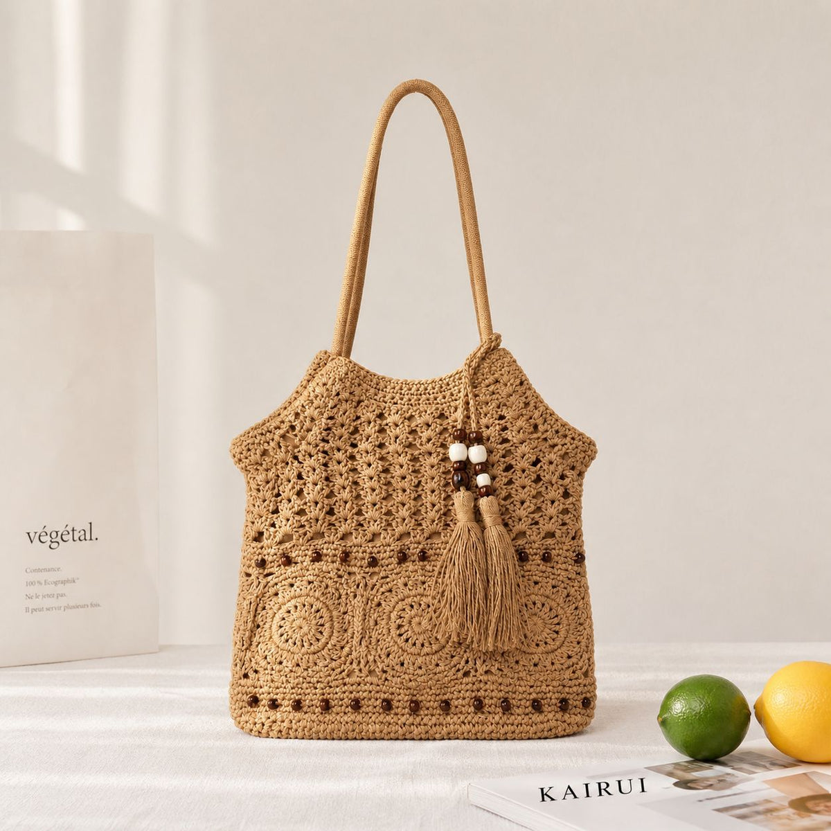 Hand-knotted shoulder bag with playful fringe design LoungeYard — product view 4