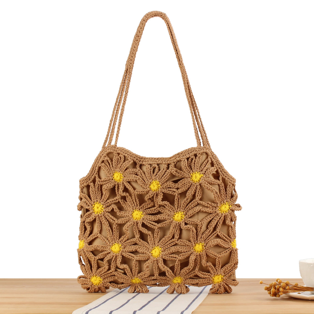 Handcrafted macrame bag with floral accents LoungeYard — product view 6