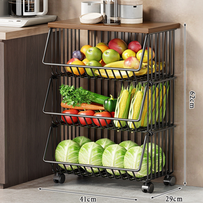 Multi-Tier Rolling Kitchen Fruit and Vegetable Storage Cart with Wood Top — product view 2