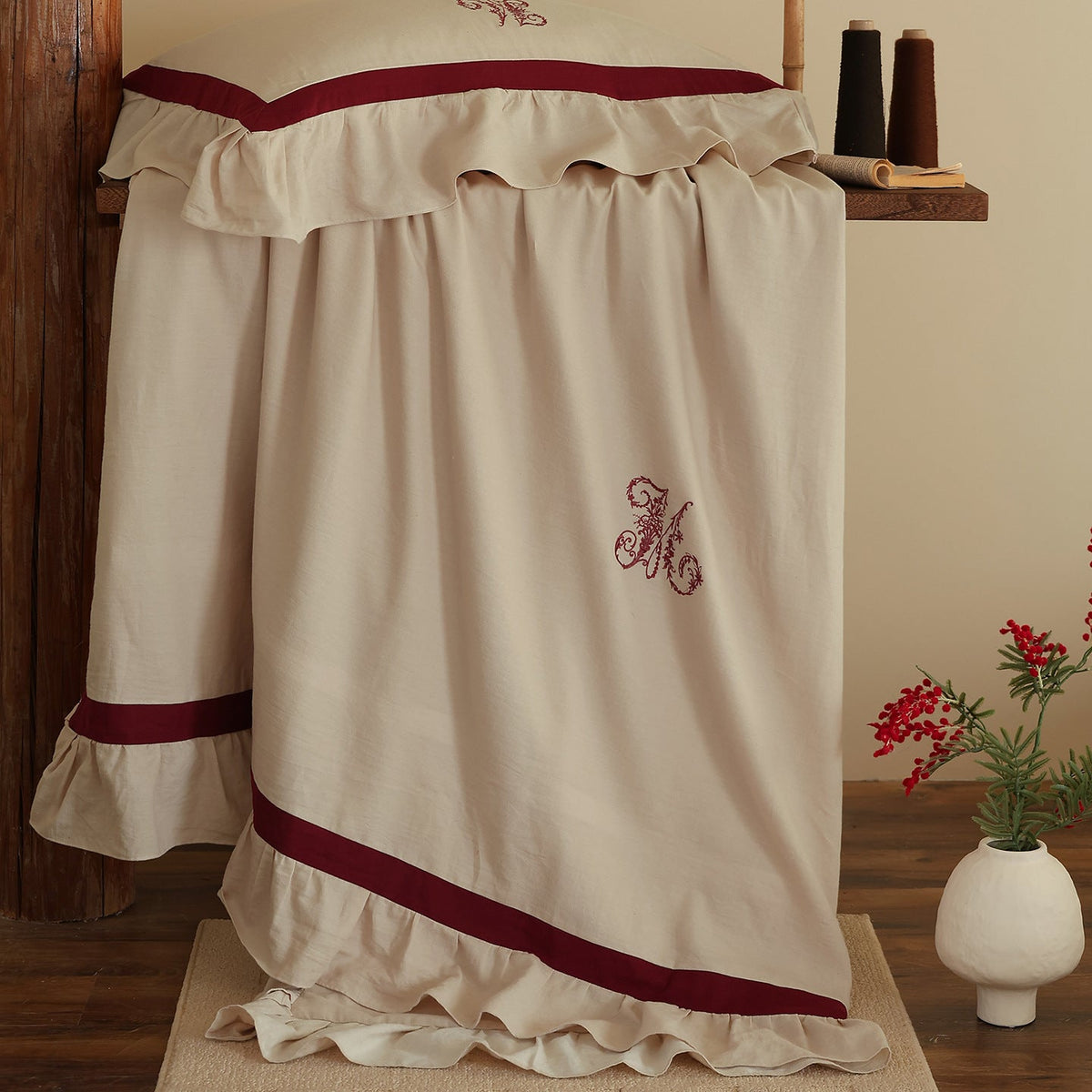 Romantic cotton-linen bedding set with ruffle, monogram embroidery, and contrasting trim LoungeYard — product view 4